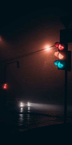 Foggy Night Traffic Lights and Car Scene for Mobile Wallpaper
