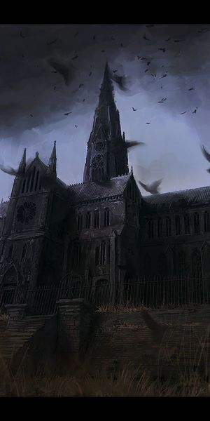 Dark Gothic Cathedral Surrounded by Birds