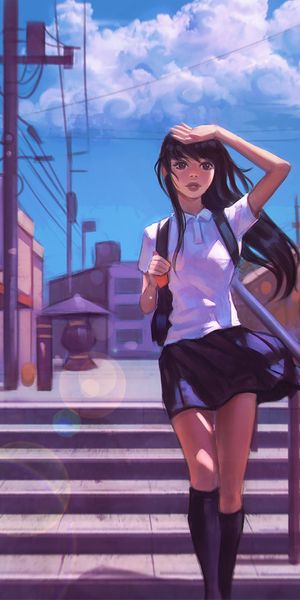 Vibrant mobile wallpaper featuring a schoolgirl in a lively urban setting