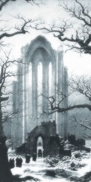 Enchanting HD wallpaper of a winter graveyard with ruins and snow