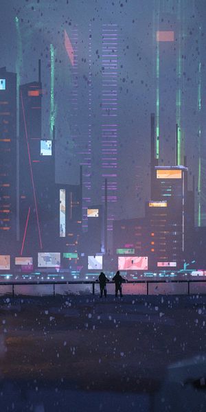 Enchanting Cyberpunk Cityscape in Winter Night