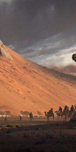 Phone wallpaper: Landscape, Fantasy, Sand, Desert, Dune, Camel, Caravan free download