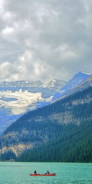 Phone wallpaper: Landscape, Mountains, Mountain, Lake, Canada, Earth, Boat, Alberta, Banff National