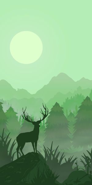 Serene Deer Silhouette in a Misty Forest with Moon