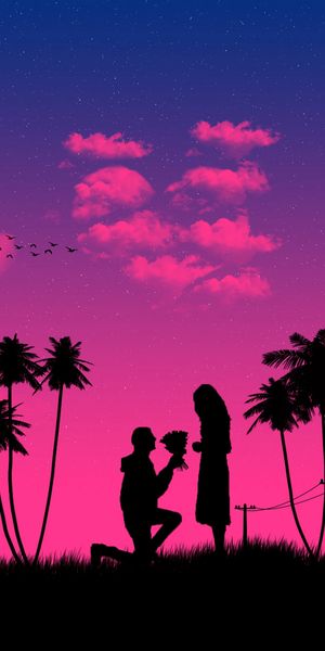 Romantic Night Silhouette of a Couple with Palm Trees