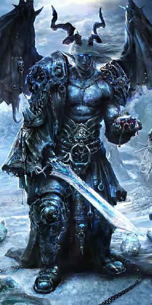 Fallen Angel Demon with Wings and Sword in a Snowy Landscape