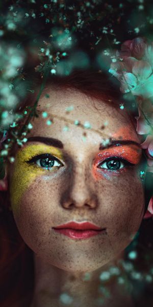 Phone wallpaper: Flower, Blur, Redhead, Face, Model, Women, Green Eyes, Freckles, Lipstick free down