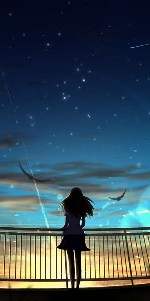 Phone wallpaper: Anime, Sunset, Sky, Stars, Girl free download