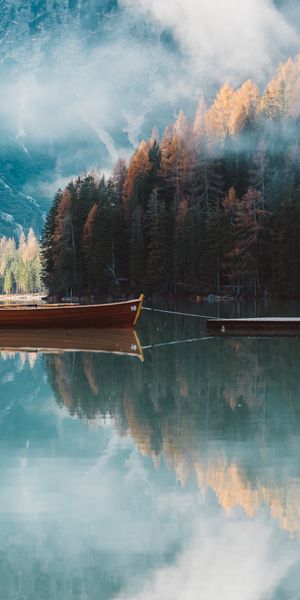 Breathtaking autumn landscape with trees, mountains, and a tranquil lake - mobile wallpaper