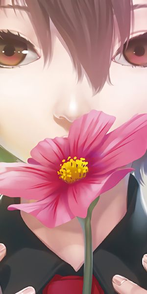 Awesome Anime Girl with Brown Eyes Holding a Flower