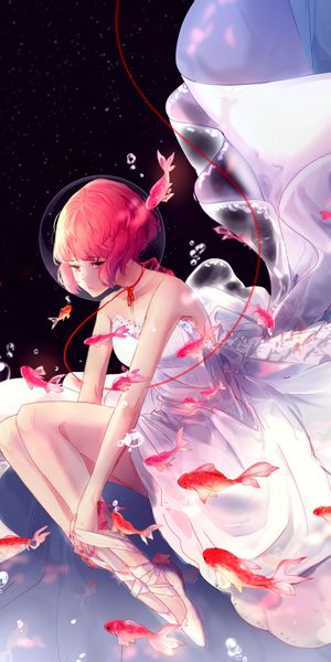Phone wallpaper: Anime, Girl, Fish, Bubble, Short Hair, Orange Hair, Pink Eyes free download