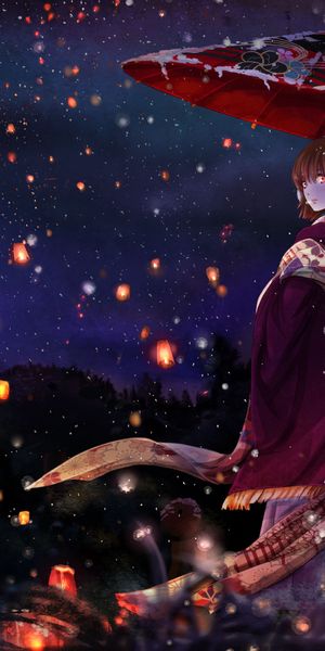 Anime Girl with Umbrella in Enchanting Night Landscape
