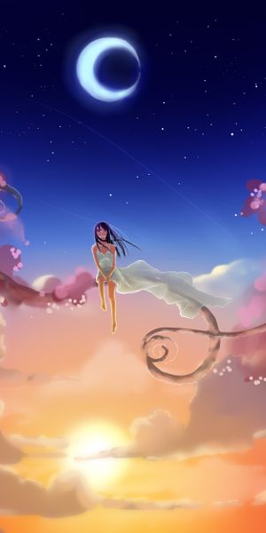 Anime Girl Surrounded by Blossoms Under a Moonlit Sky