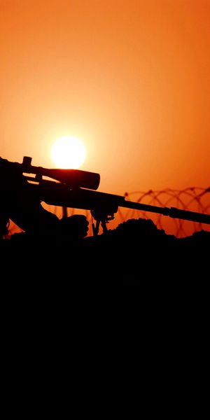 Phone wallpaper: Sunset, Silhouette, Military, Sniper free download