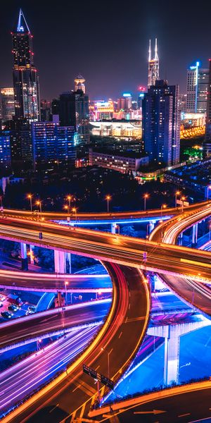 Phone wallpaper: Cities, Night, Skyscraper, Building, Light, China, Shanghai, Highway, Man Made, Tim