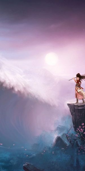 Anime Girl Standing Against a Giant Ocean Wave