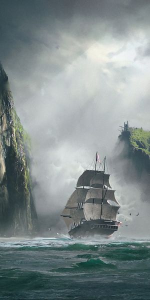 Mysterious Ship Sailing Through Foggy Sea