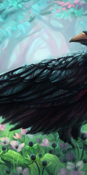 Phone wallpaper: Pendant, Coulomb, Flowers, Bird, Crow, Art free download