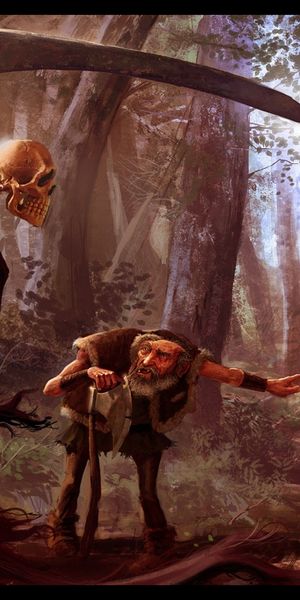 Evil Dwarf Confronts the Grim Reaper in a Dark Forest