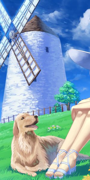 Enchanting iPhone wallpaper featuring a girl, windmill, and her dog
