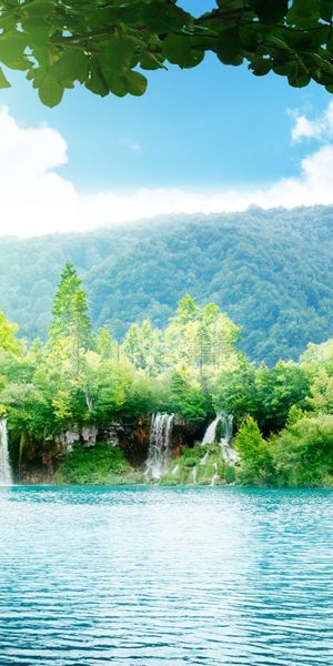 Phone wallpaper: Waterfalls, Trees, Lakes, Mountains, Landscape free download
