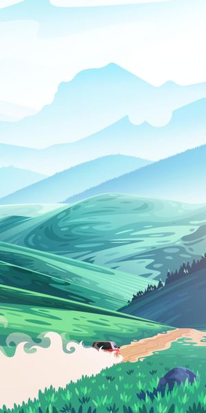 Vibrant Car Journey Through Lush Hills