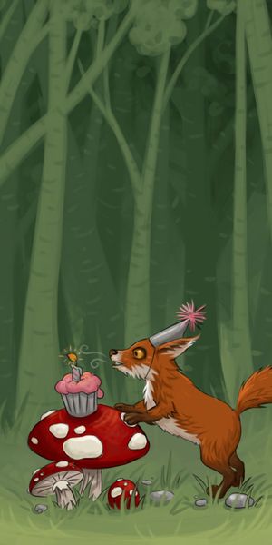Charming Fox Celebrating with a Birthday Cake on a Mushroom