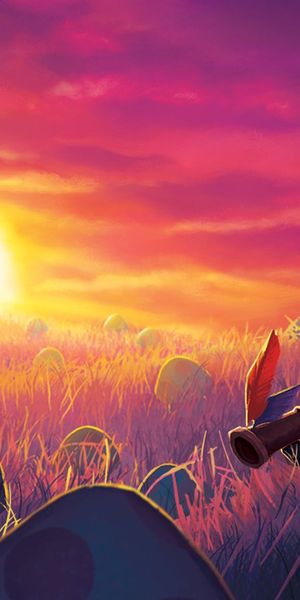 Teemo Enjoying a Colorful Sunset in a Mushroom Field