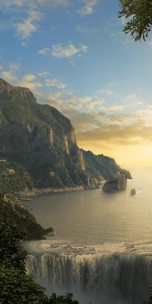 Breathtaking Sunset Landscape with Waterfalls and Mountains