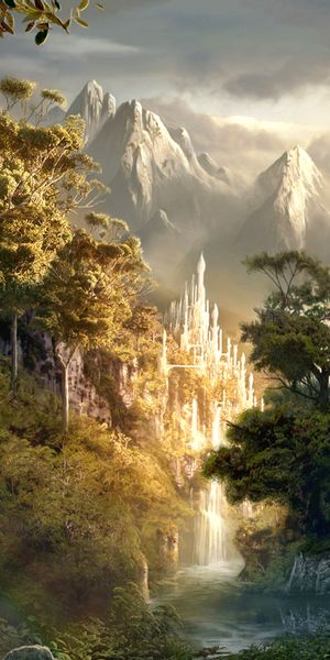 Fantasy Forest Landscape with Majestic Deer and Enchanting Mountains