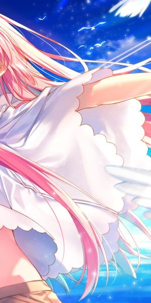 Enchanting anime girl wallpaper for iPhone featuring pink hair and doves