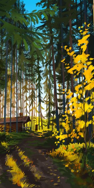 Beautiful Forest Scene with Rustic House - Perfect for Phone Wallpaper