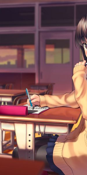 Phone wallpaper: Anime, Girl, Pen, Skirt, Blush, School Uniform, Brown Eyes, Black Hair, Hairpin fre