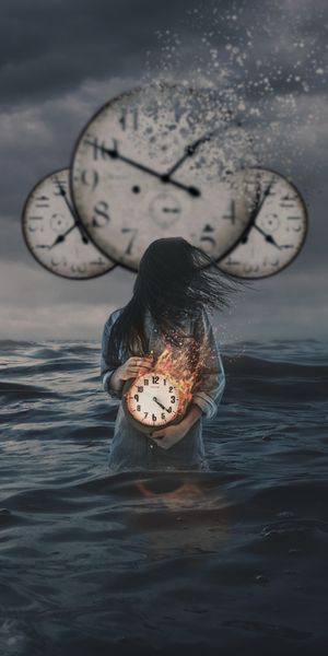Mysterious Girl with Clock in Flames - A Unique Mobile Wallpaper
