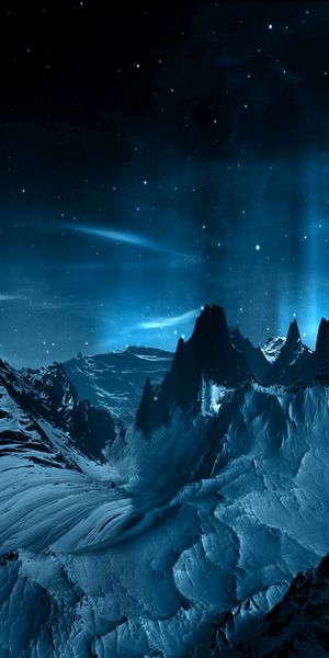 Breathtaking Blue Mountain Landscape with a Distant Planet