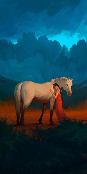 Artwork of a Girl and Her Horse in a Serene Landscape
