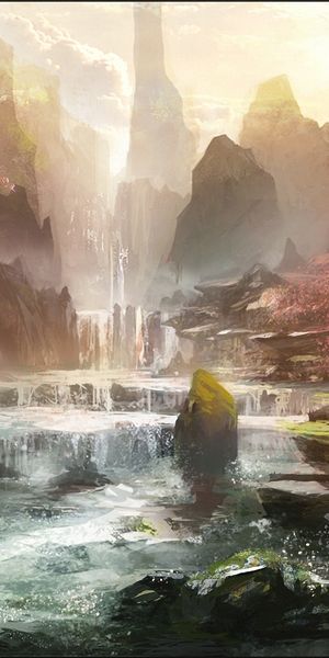 Phone wallpaper: Landscape, Fantasy, Flower, Waterfall, Spring, Blossom free download