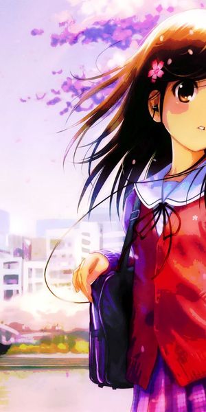 Colorful Anime Girl Surrounded by Cherry Blossoms