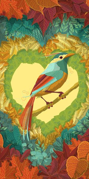 Colorful Bird Surrounded by Heart-Shaped Leaves