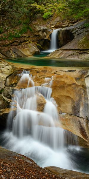 Phone wallpaper: Waterfall, Stream, Trees, Rocks, Flow, Nature, Spray free download