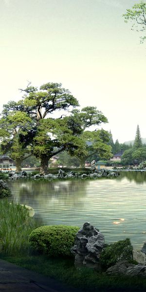 Tranquil Asian Landscape Featuring Lush Trees and a Serene Lake