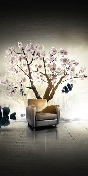 Awesome Sakura Garden Wallpaper Featuring an Elegant Armchair