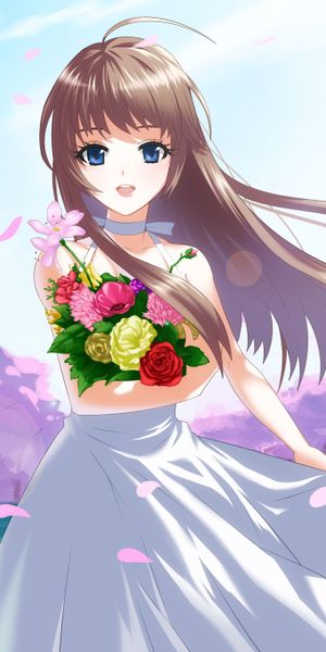 Charming mobile wallpaper featuring a brunette girl with a bouquet in anime style
