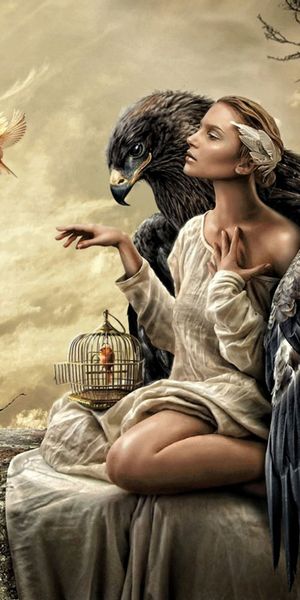 Gothic Woman Embraced by an Eagle - Dark Fantasy Wallpaper