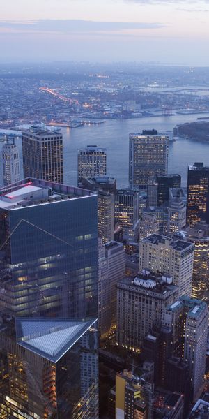 Aerial View of Skyscrapers and Cityscape at Dusk