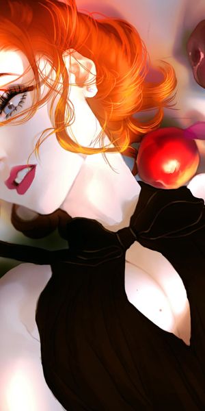 Phone wallpaper: Anime, Apple, Flower, Girl, Redhead, Blue Eyes, Lipstick free download