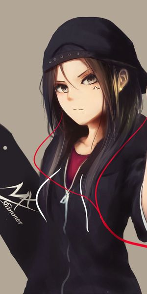 Anime Girl with Skateboard and Earbuds - Perfect Mobile Wallpaper