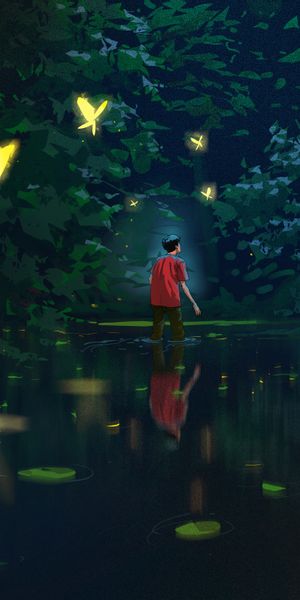 Discover Tranquility: Boy Walking in Water Among Glowing Butterflies