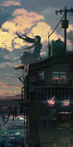 Aesthetic Anime Sunset with Shooting Star and Light Bulbs