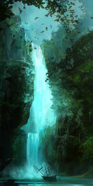 Enchanting Waterfall Scene Featuring a Ship and Bats